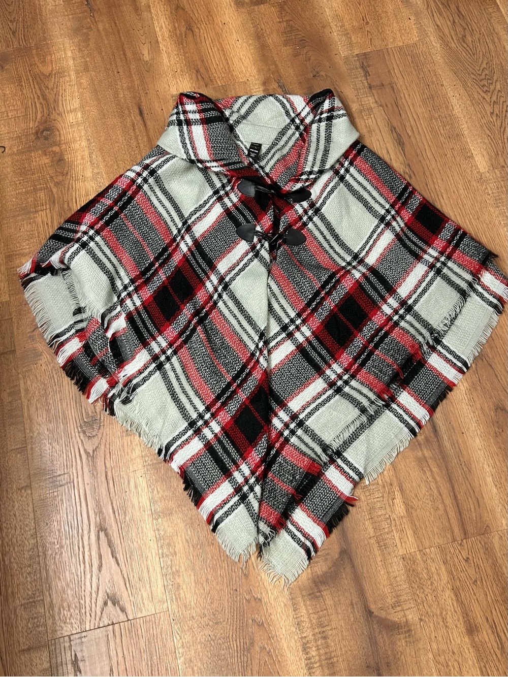 Mixit Red, Black & White Plaid Fringe Poncho
